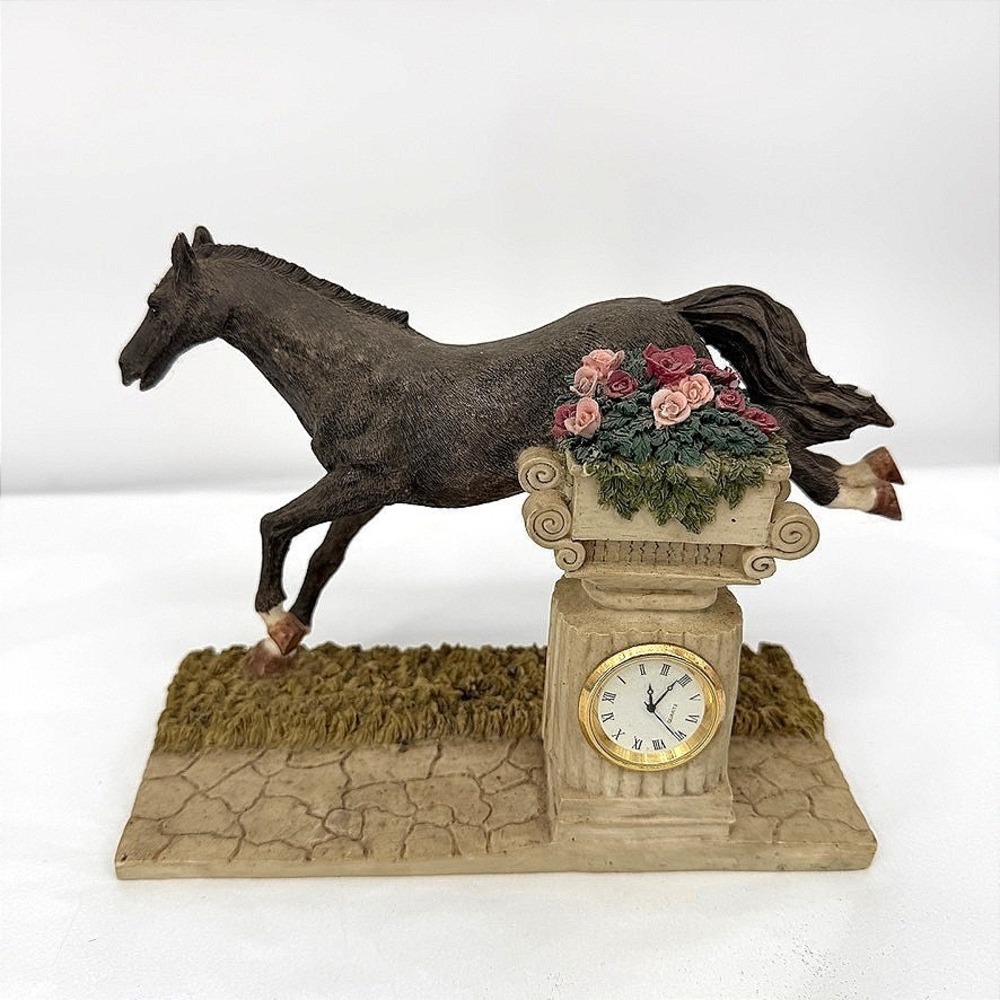 Jumping Horse Figurine Mantle Clock Floral Pedestal Equestrian Decor Sculpture